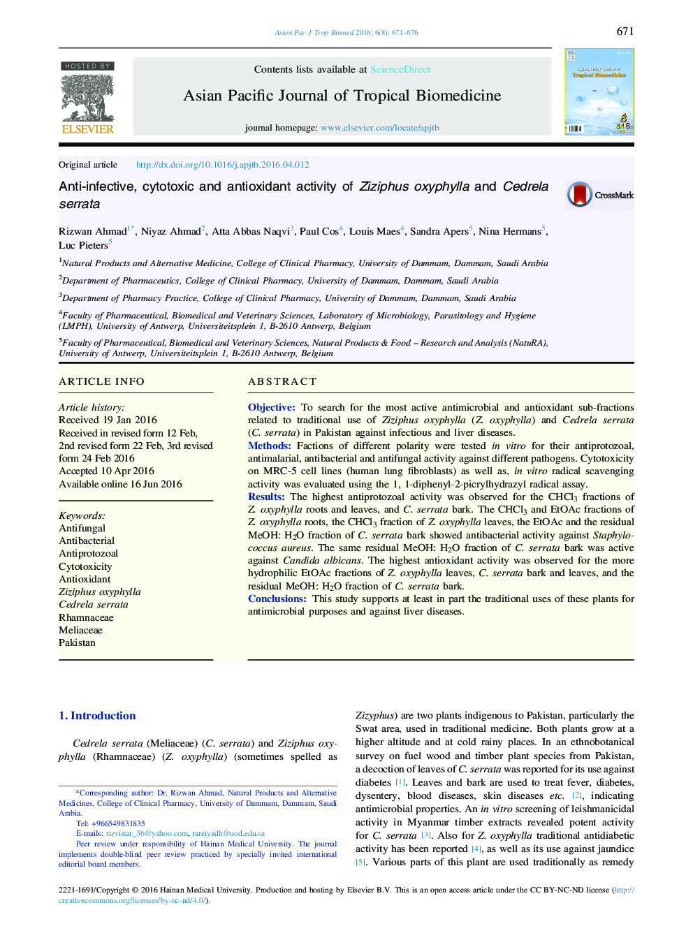 Anti-infective, cytotoxic and antioxidant activity of Ziziphus oxyphylla and Cedrela serrata 