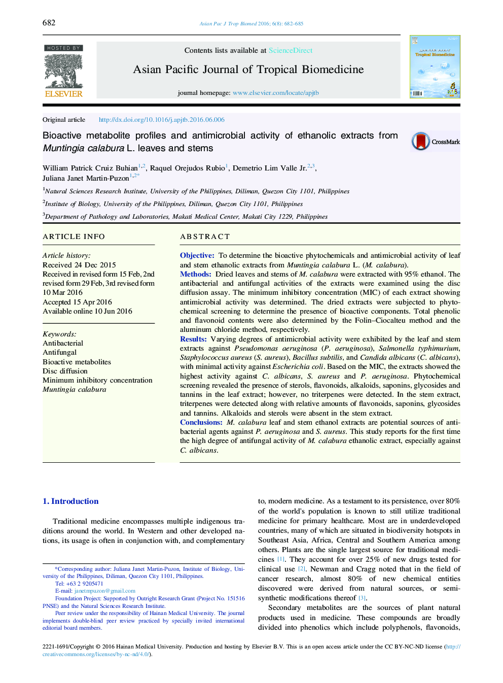 پروفایل های متابولیت فعال زیستی و فعالیت ضدمیکروبی عصاره اتانولی از برگ ها و ساقه های گیلاس جامائیکا calabura L. 
