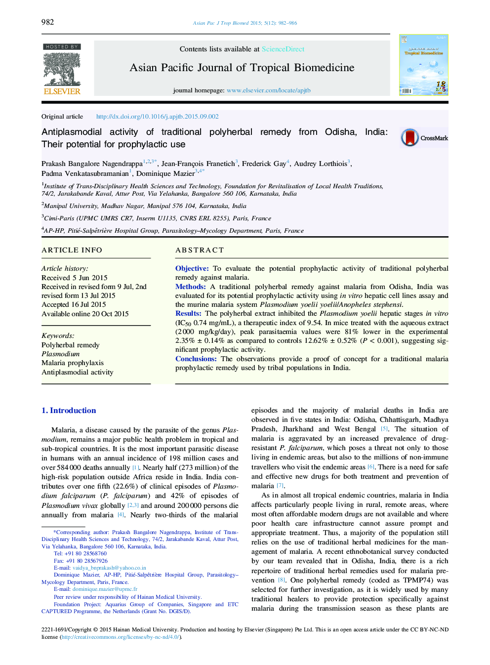 Antiplasmodial activity of traditional polyherbal remedy from Odisha, India: Their potential for prophylactic use 