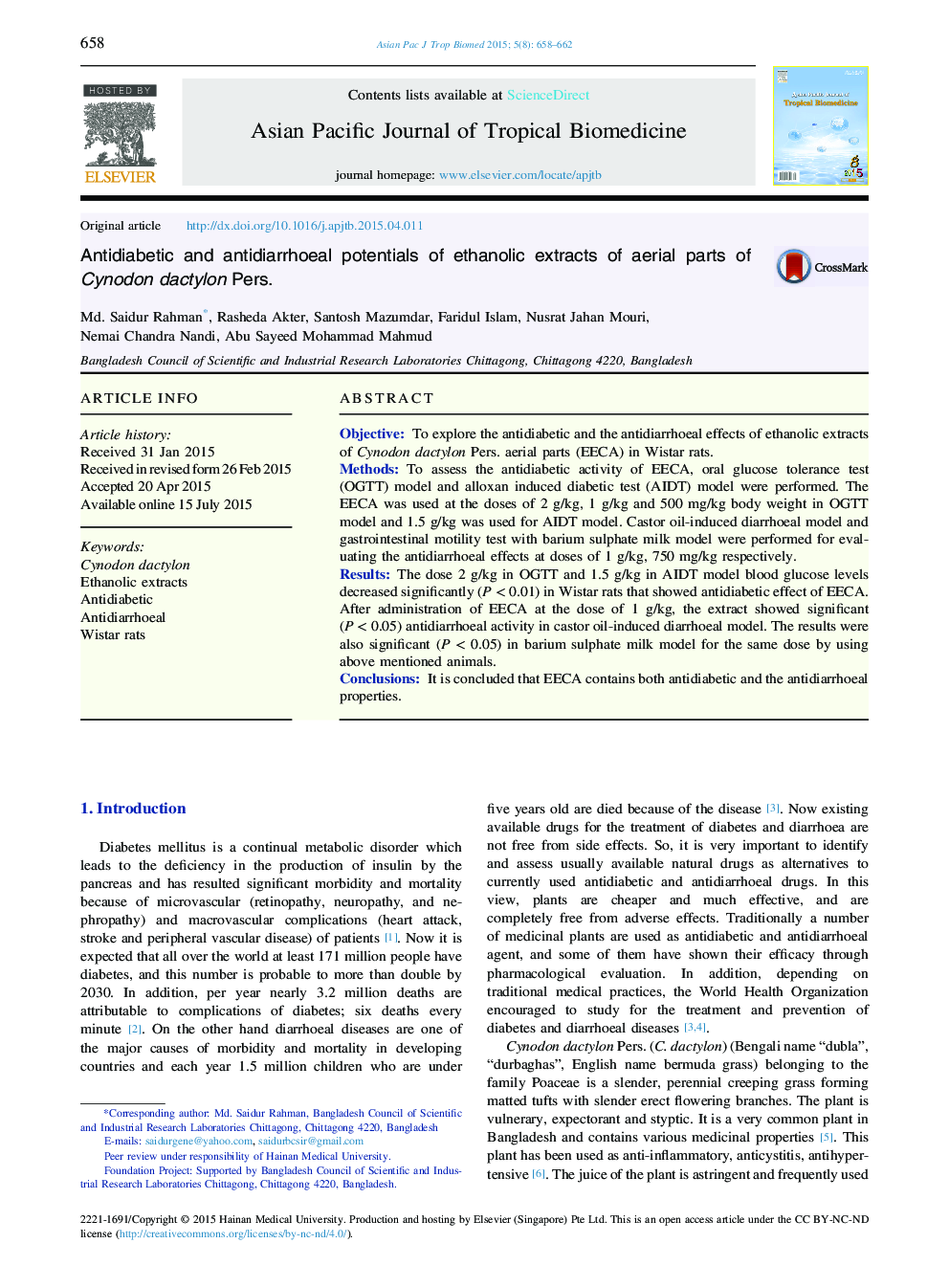 Antidiabetic and antidiarrhoeal potentials of ethanolic extracts of aerial parts of Cynodon dactylon Pers. 