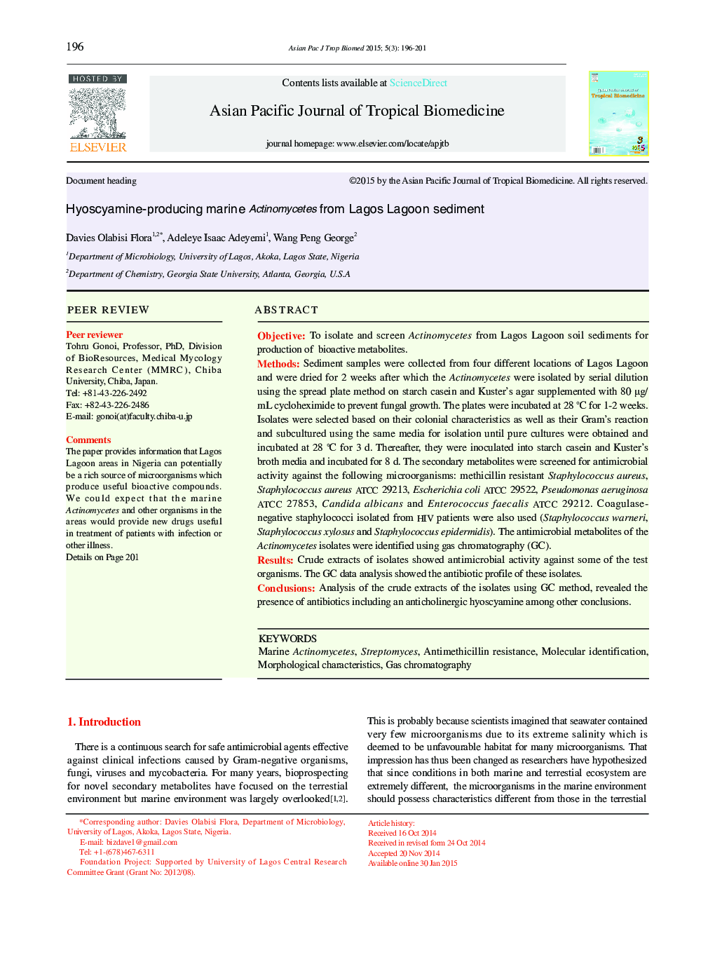 Hyoscyamine-producing marine Actinomycetes from Lagos Lagoon sediment 