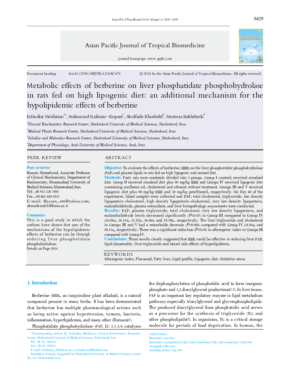 Metabolic effects of berberine on liver phosphatidate phosphohydrolase in rats fed on high lipogenic diet: an additional mechanism for the hypolipidemic effects of berberine 
