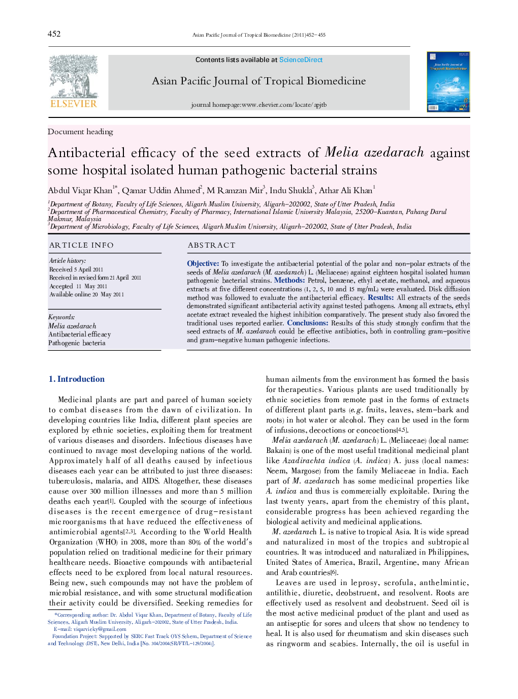 Antibacterial efficacy of the seed extracts of Melia azedarach against some hospital isolated human pathogenic bacterial strains