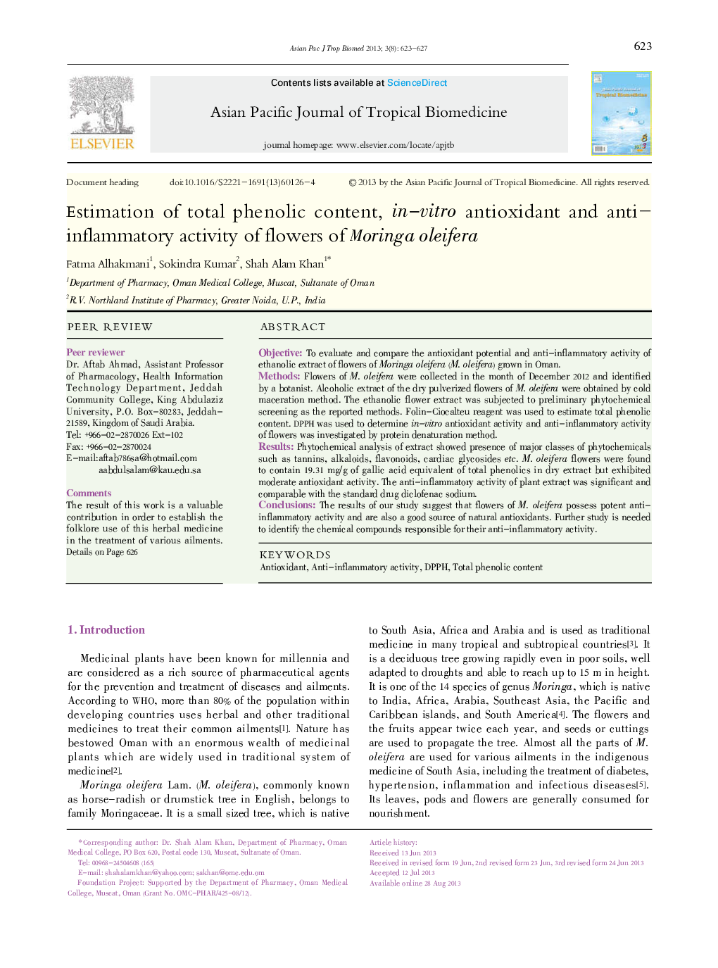 Estimation of total phenolic content, in-vitro antioxidant and anti-inflammatory activity of flowers of Moringa oleifera