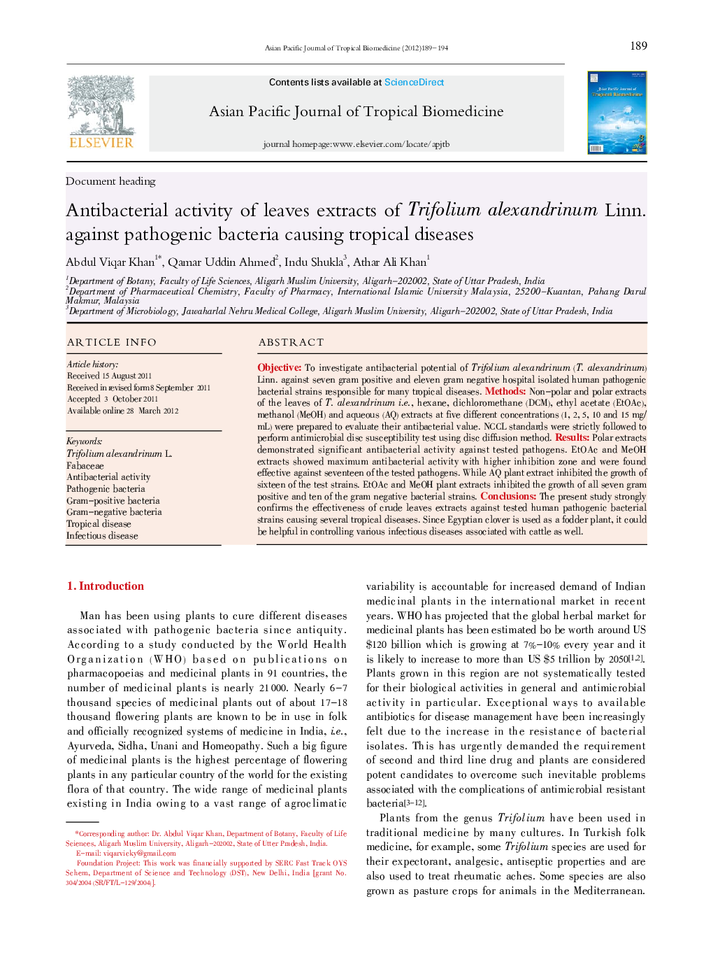Antibacterial activity of leaves extracts of Trifolium alexandrinum Linn. against pathogenic bacteria causing tropical diseases