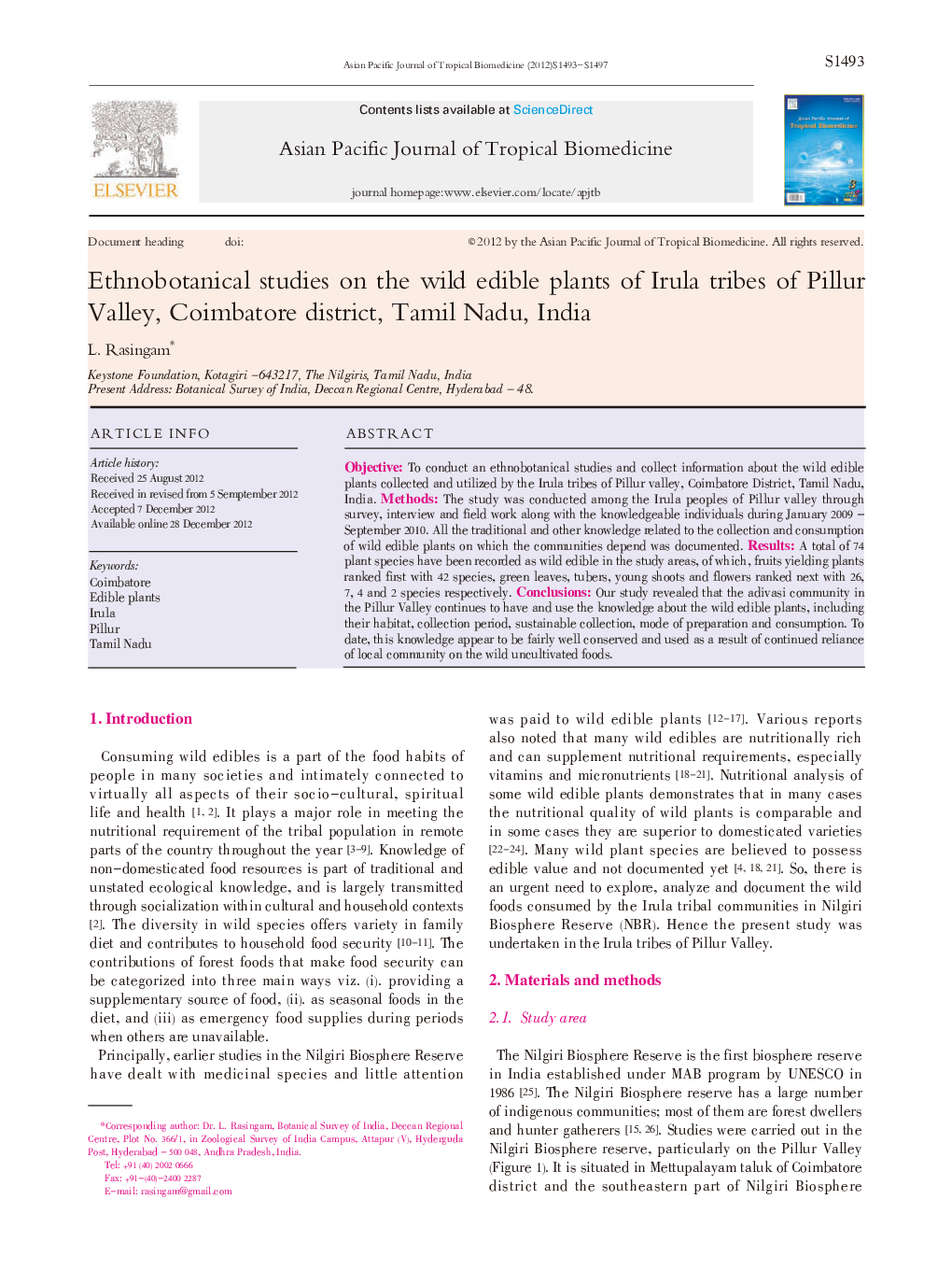 Ethnobotanical studies on the wild edible plants of Irula tribes of Pillur Valley, Coimbatore district, Tamil Nadu, India