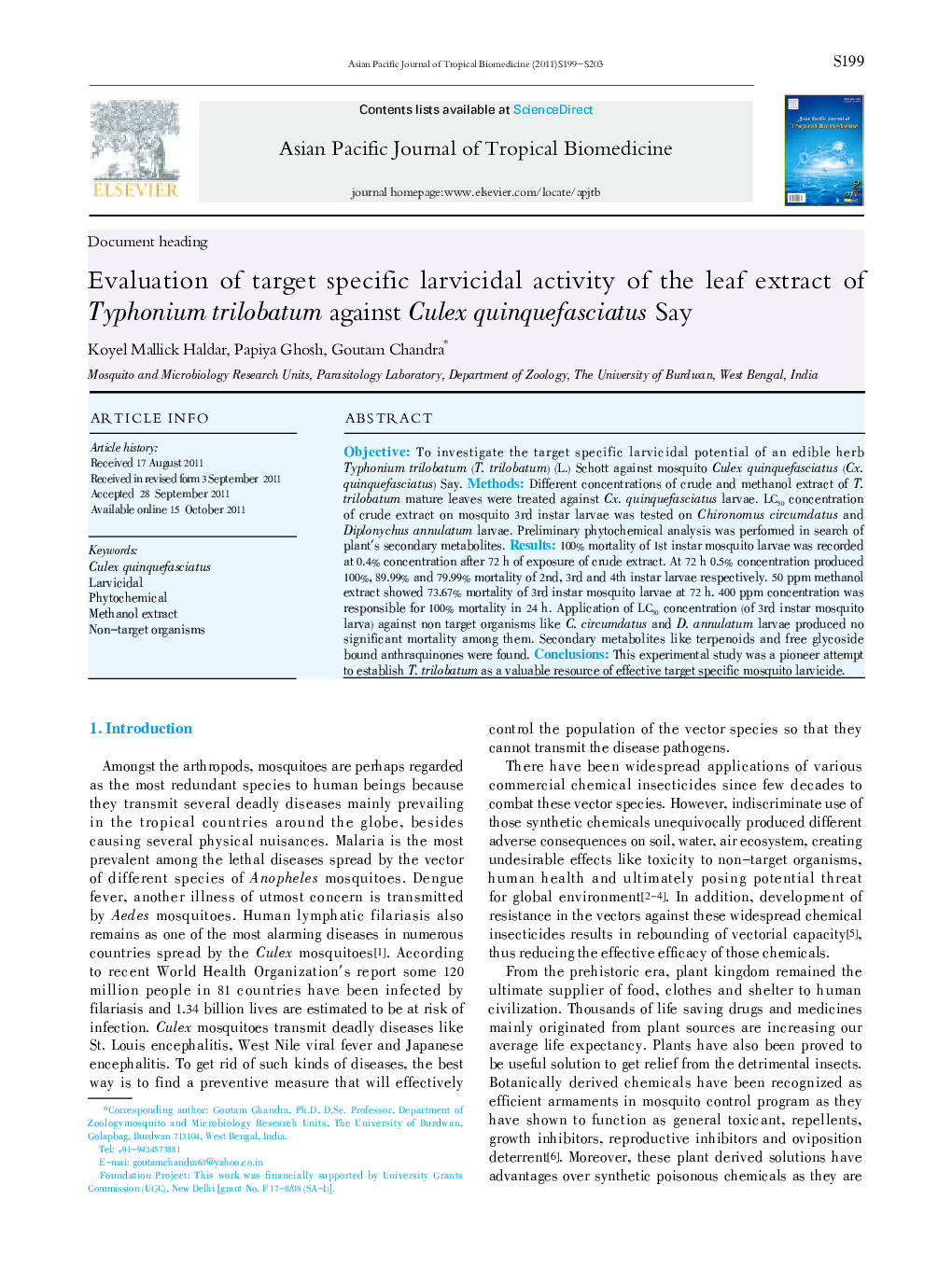 Evaluation of target specific larvicidal activity of the leaf extract of Typhonium trilobatum against Culex quinquefasciatus Say