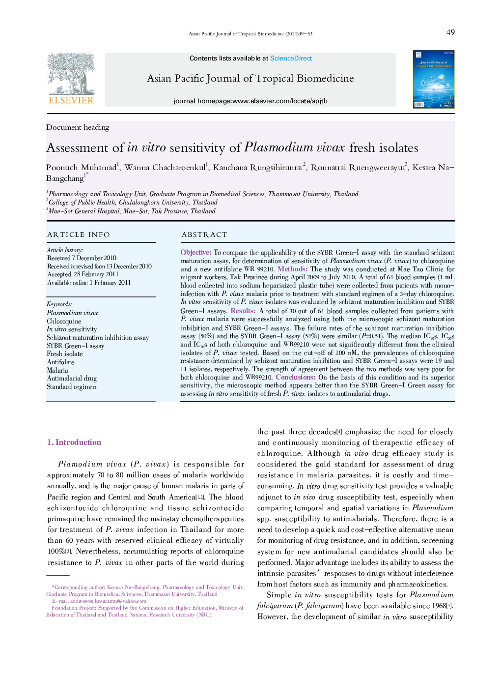Assessment of in vitro sensitivity of Plasmodium vivax fresh isolates