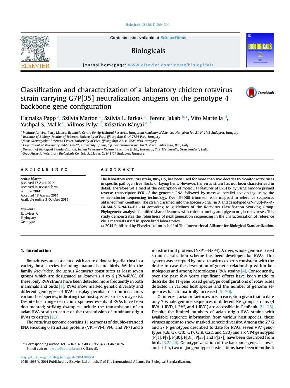 Classification and characterization of a laboratory chicken rotavirus strain carrying G7P[35] neutralization antigens on the genotype 4 backbone gene configuration