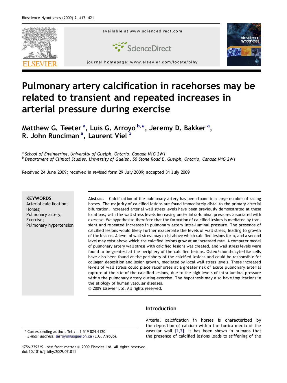 Pulmonary artery calcification in racehorses may be related to transient and repeated increases in arterial pressure during exercise