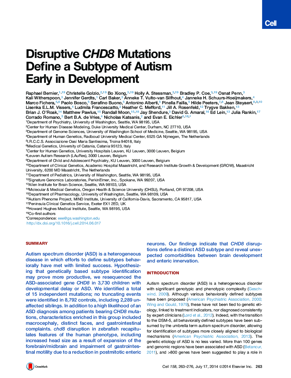 Disruptive CHD8 Mutations Define a Subtype of Autism Early in Development
