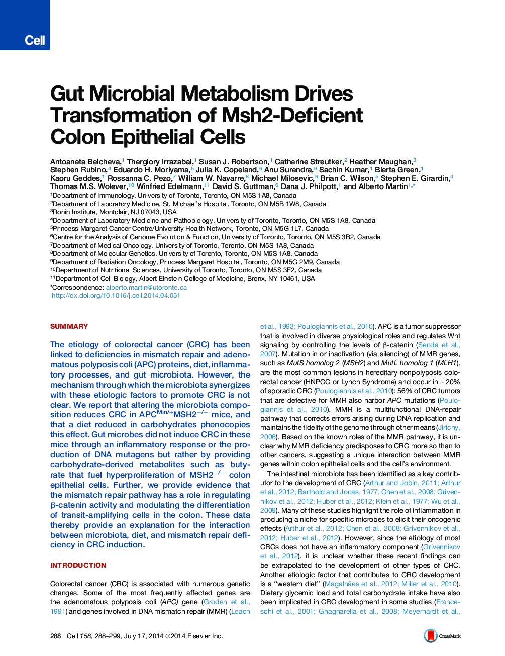 Gut Microbial Metabolism Drives Transformation of Msh2-Deficient Colon Epithelial Cells