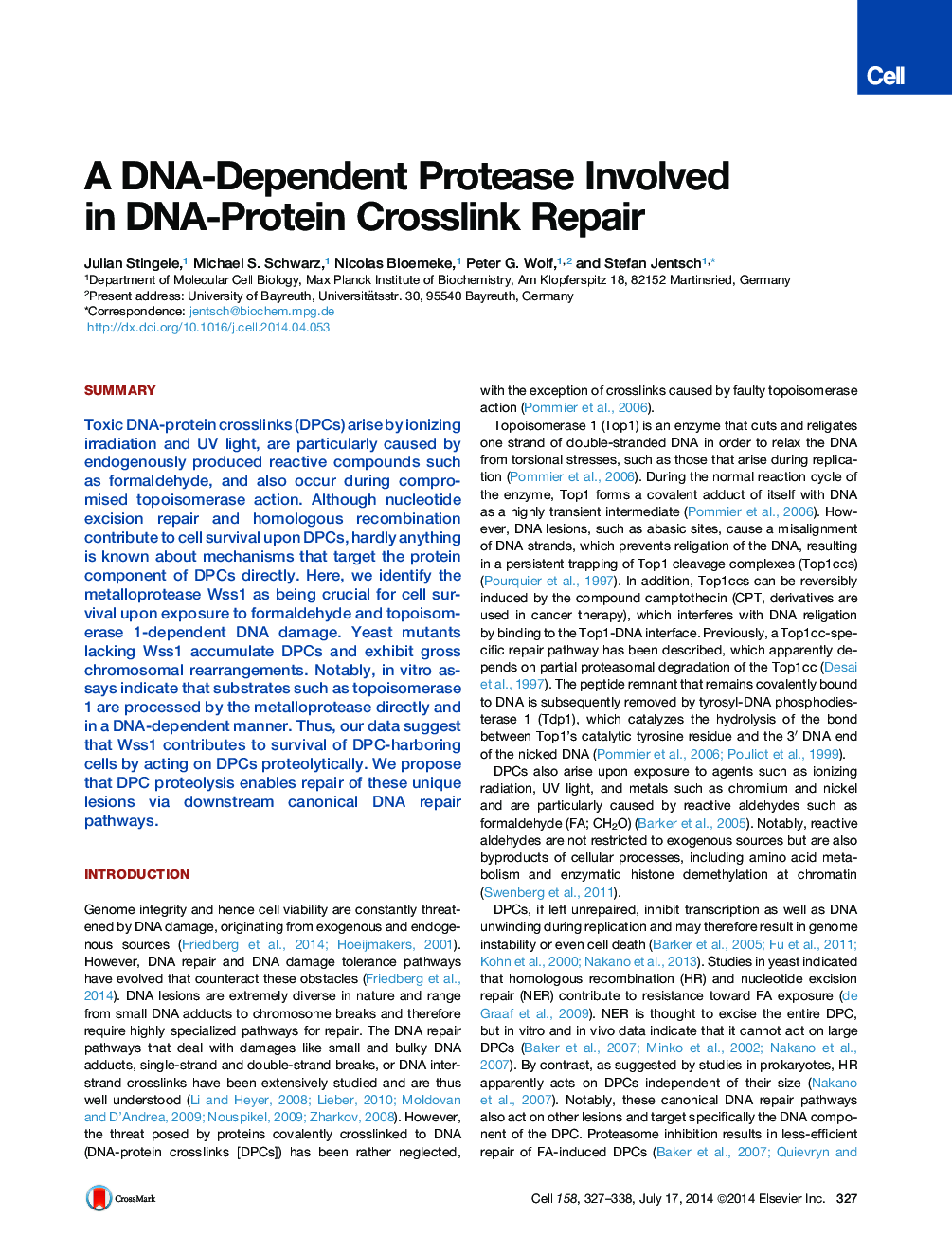 A DNA-Dependent Protease Involved in DNA-Protein Crosslink Repair