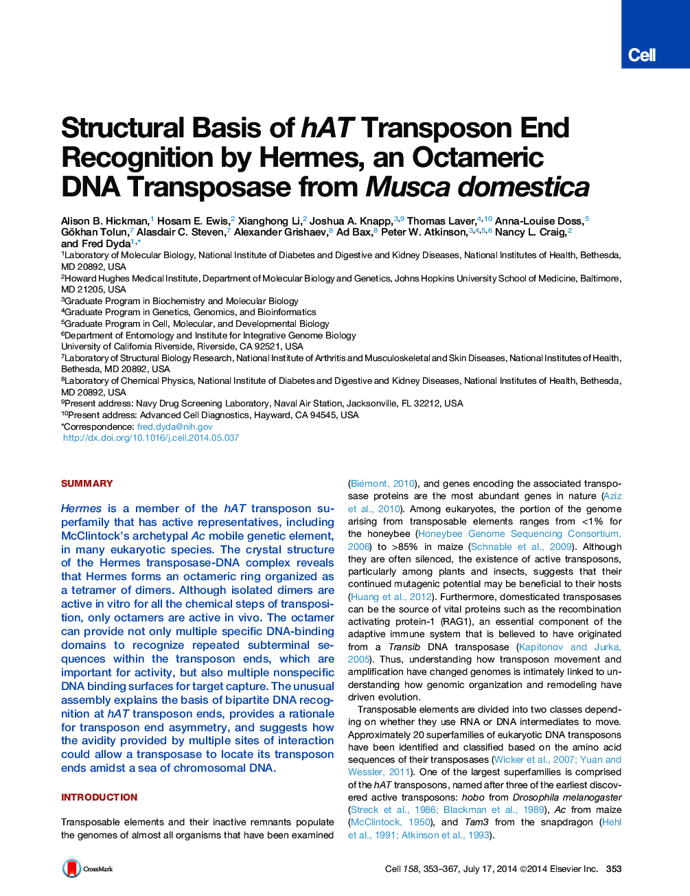 Structural Basis of hAT Transposon End Recognition by Hermes, an Octameric DNA Transposase from Musca domestica