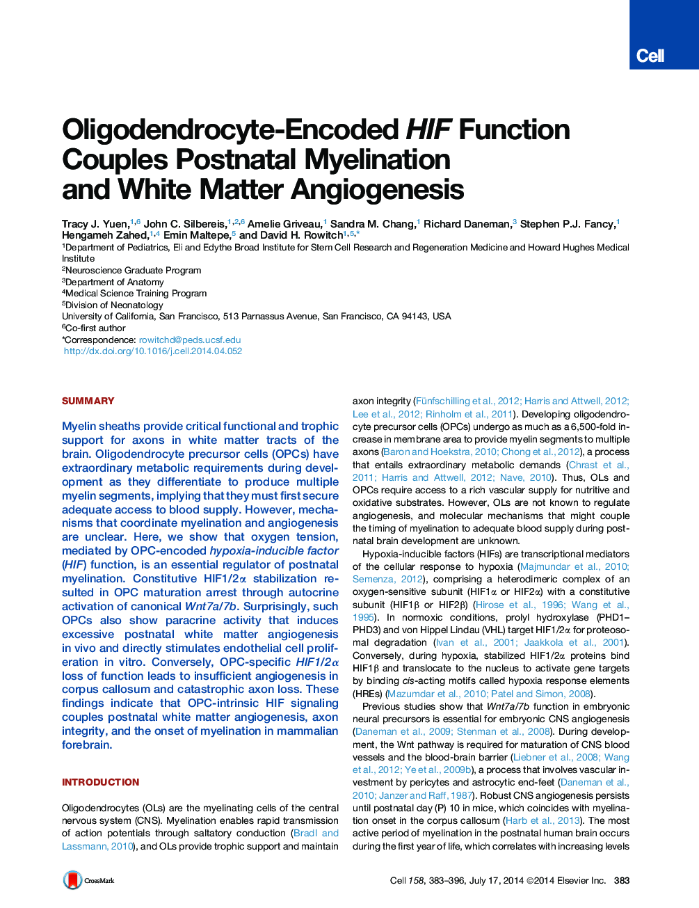 Oligodendrocyte-Encoded HIF Function Couples Postnatal Myelination and White Matter Angiogenesis