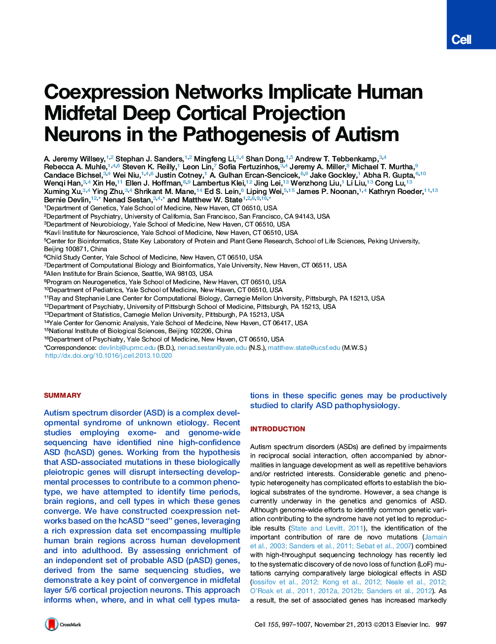 Coexpression Networks Implicate Human Midfetal Deep Cortical Projection Neurons in the Pathogenesis of Autism