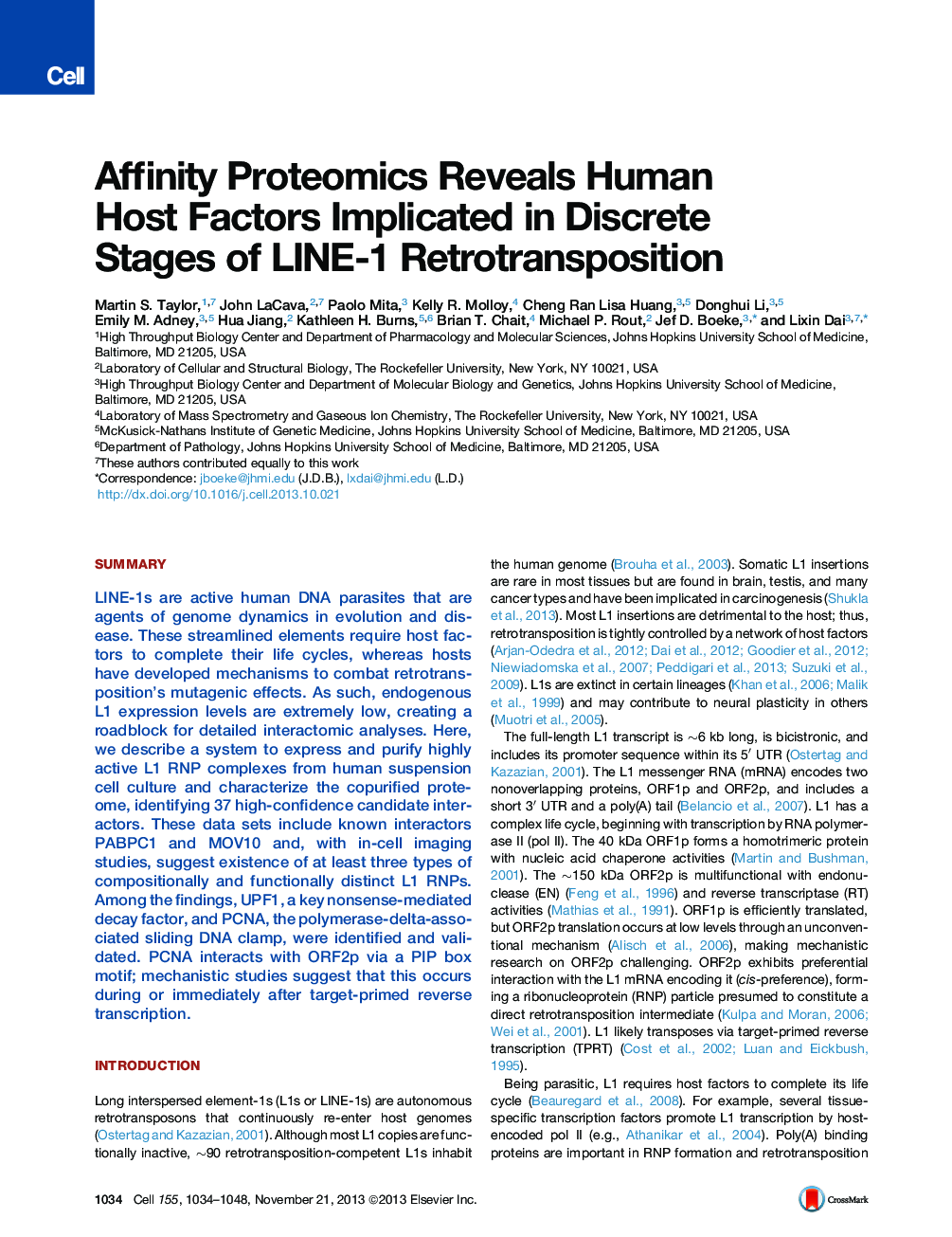 Affinity Proteomics Reveals Human Host Factors Implicated in Discrete Stages of LINE-1 Retrotransposition