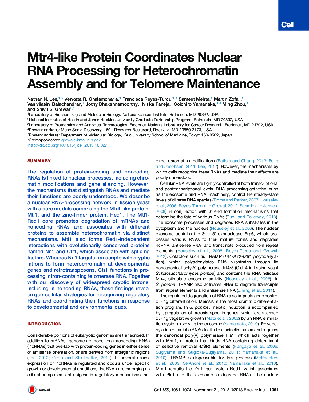 Mtr4-like Protein Coordinates Nuclear RNA Processing for Heterochromatin Assembly and for Telomere Maintenance
