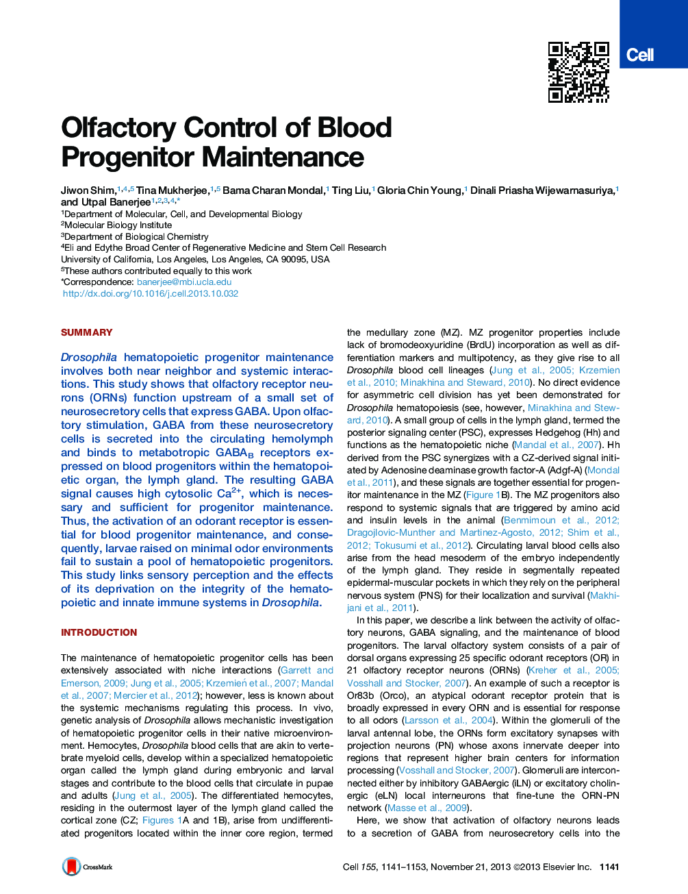 Olfactory Control of Blood Progenitor Maintenance