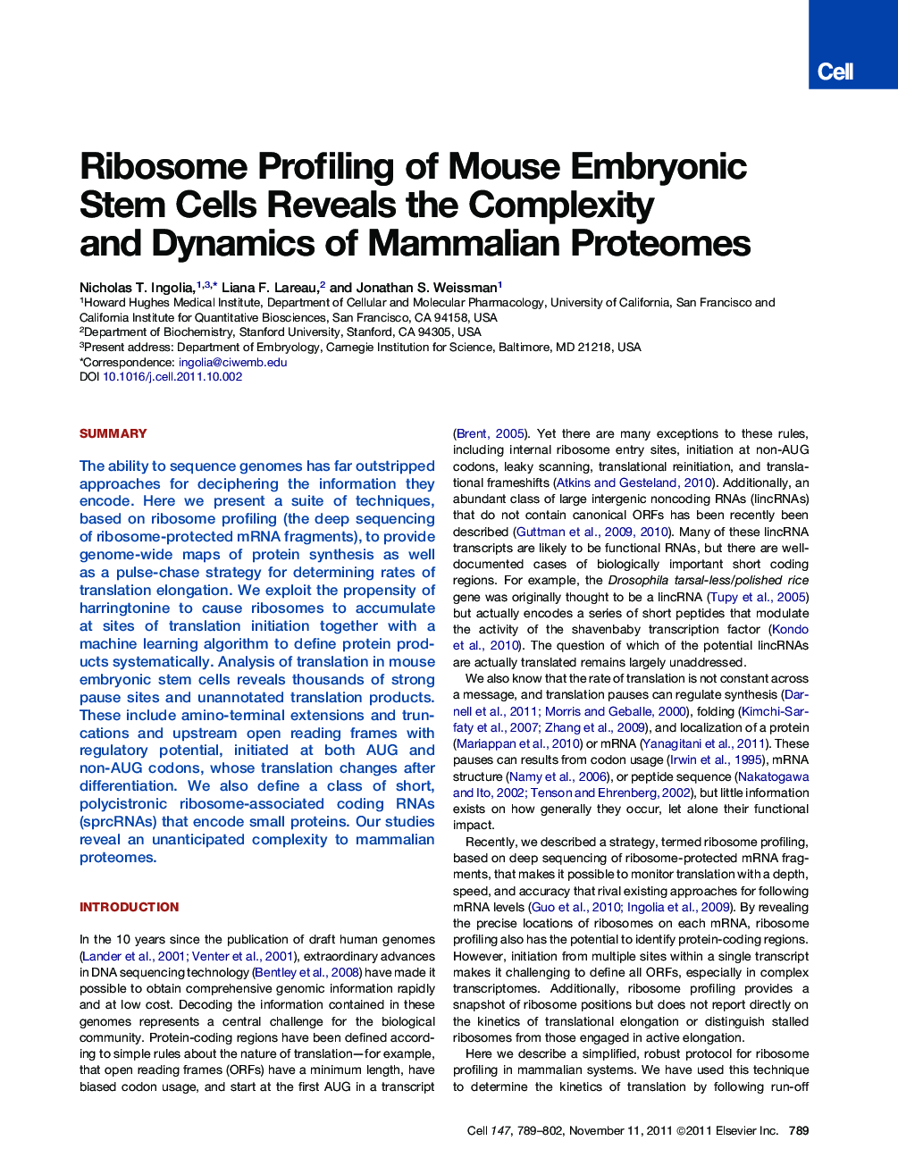Ribosome Profiling of Mouse Embryonic Stem Cells Reveals the Complexity and Dynamics of Mammalian Proteomes