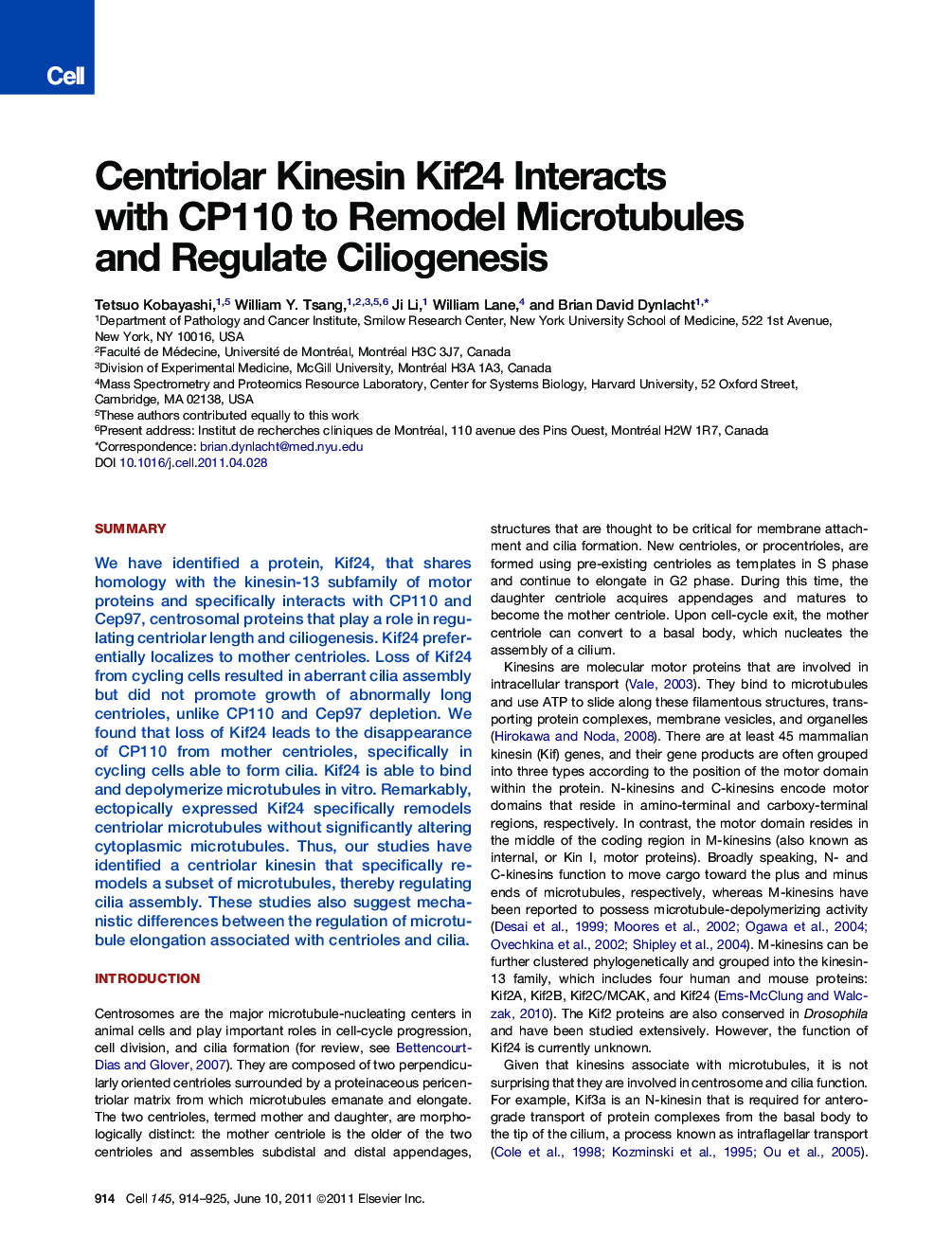 Centriolar Kinesin Kif24 Interacts with CP110 to Remodel Microtubules and Regulate Ciliogenesis
