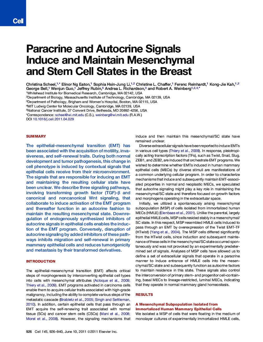 Paracrine and Autocrine Signals Induce and Maintain Mesenchymal and Stem Cell States in the Breast