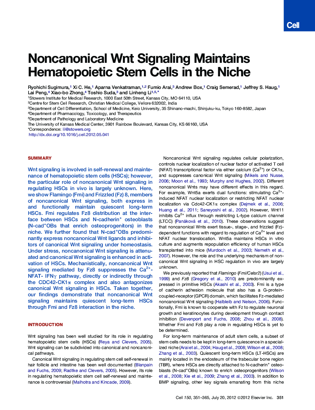 Noncanonical Wnt Signaling Maintains Hematopoietic Stem Cells in the Niche