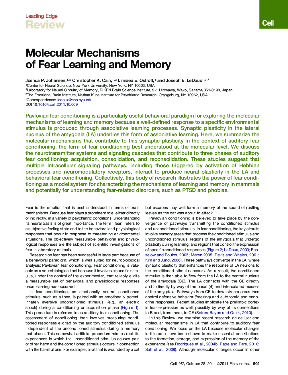 Molecular Mechanisms of Fear Learning and Memory