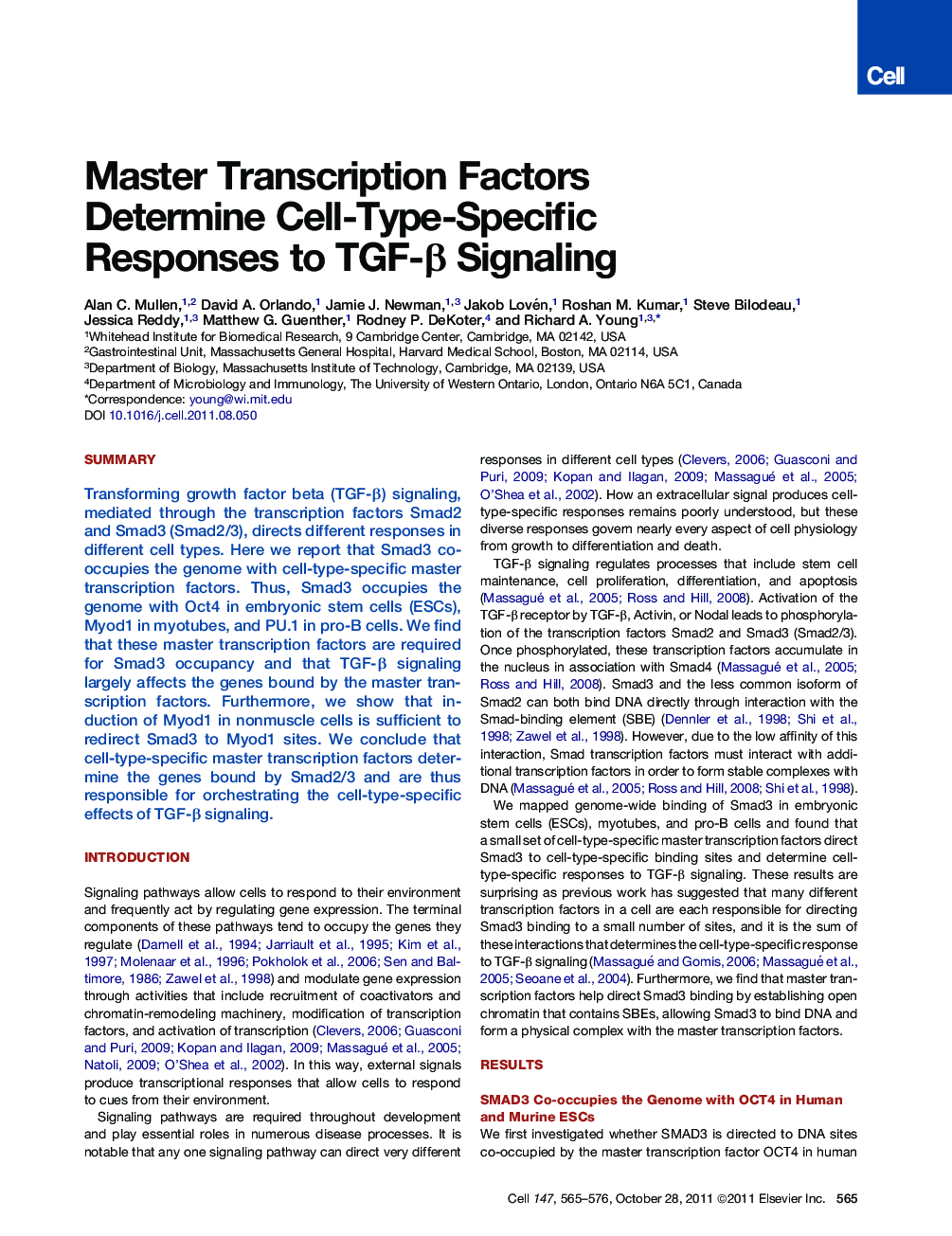 Master Transcription Factors Determine Cell-Type-Specific Responses to TGF-β Signaling
