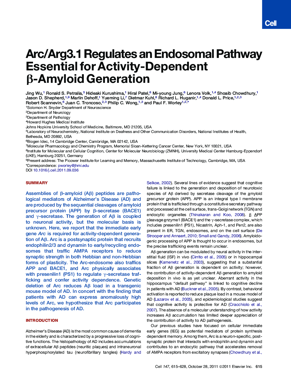 Arc/Arg3.1 Regulates an Endosomal Pathway Essential for Activity-Dependent β-Amyloid Generation