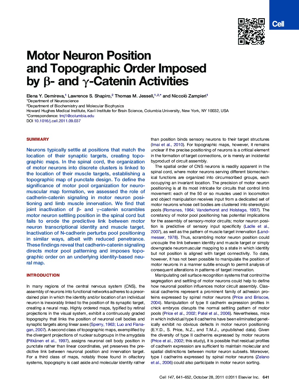 Motor Neuron Position and Topographic Order Imposed by β- and γ-Catenin Activities