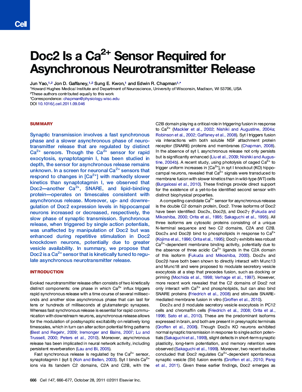 Doc2 Is a Ca2+ Sensor Required for Asynchronous Neurotransmitter Release