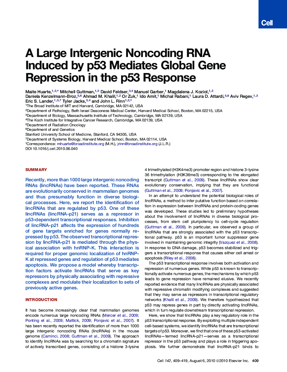 A Large Intergenic Noncoding RNA Induced by p53 Mediates Global Gene Repression in the p53 Response