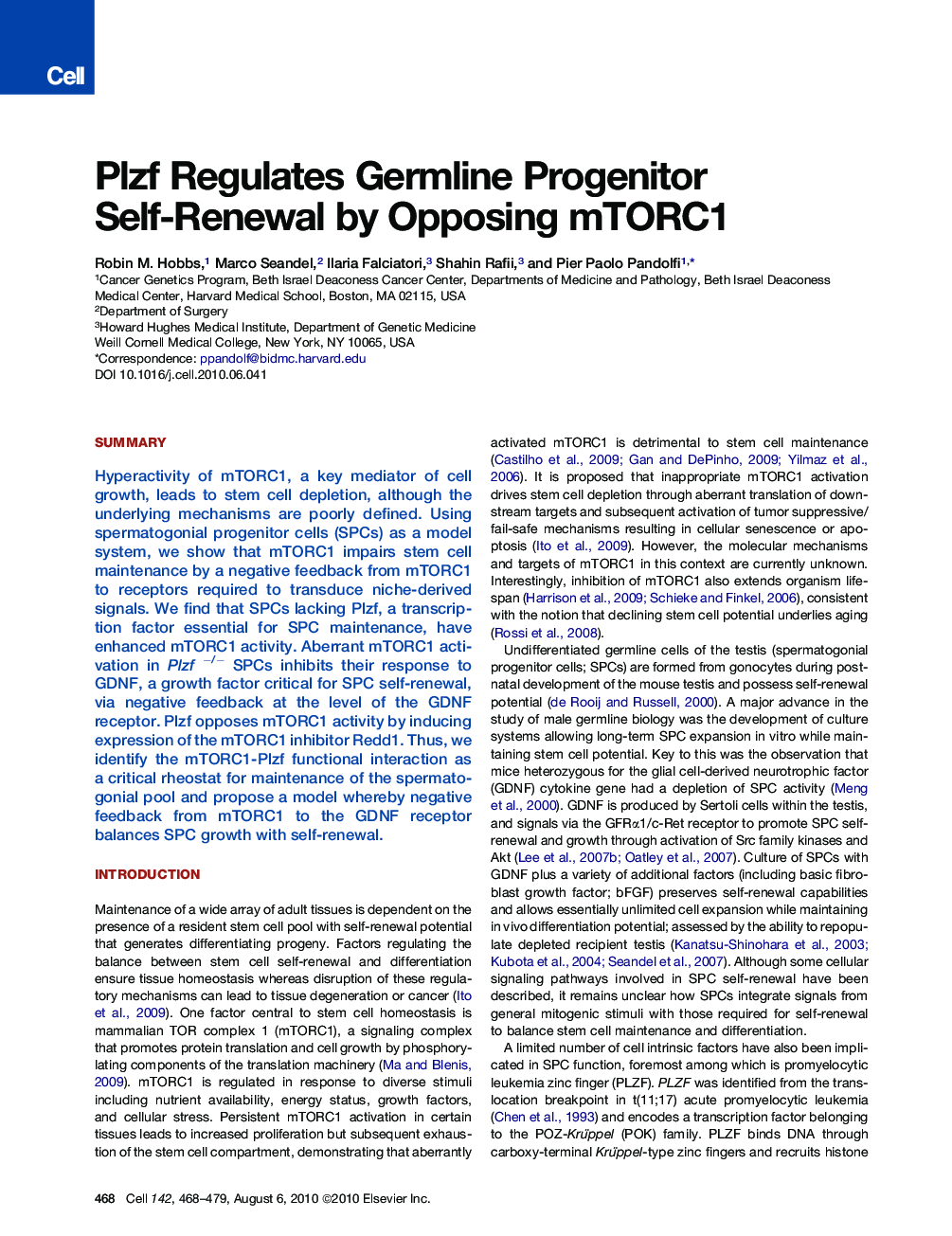Plzf Regulates Germline Progenitor Self-Renewal by Opposing mTORC1