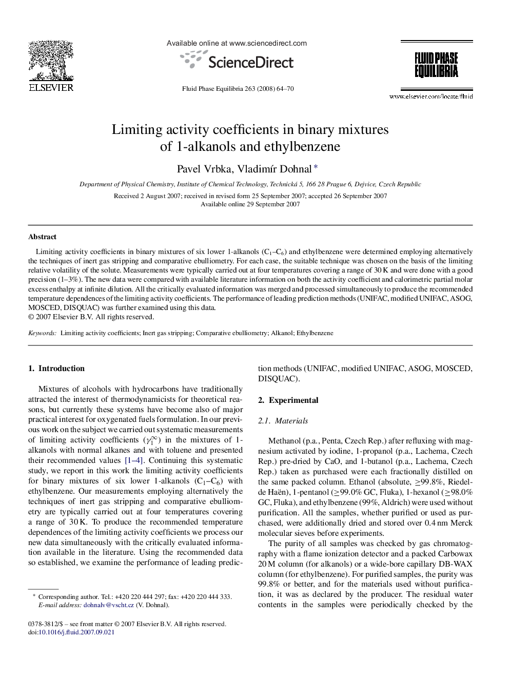 Limiting activity coefficients in binary mixtures of 1-alkanols and ethylbenzene