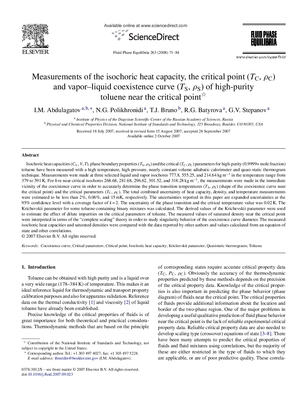 Measurements of the isochoric heat capacity, the critical point (TC, ρC) and vapor–liquid coexistence curve (TS, ρS) of high-purity toluene near the critical point 