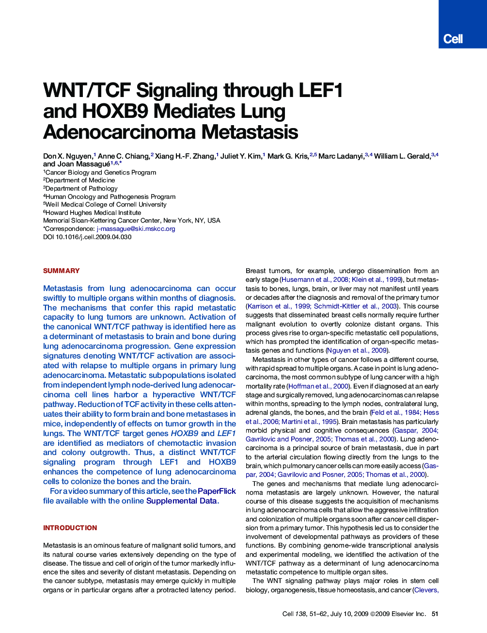 WNT/TCF Signaling through LEF1 and HOXB9 Mediates Lung Adenocarcinoma Metastasis