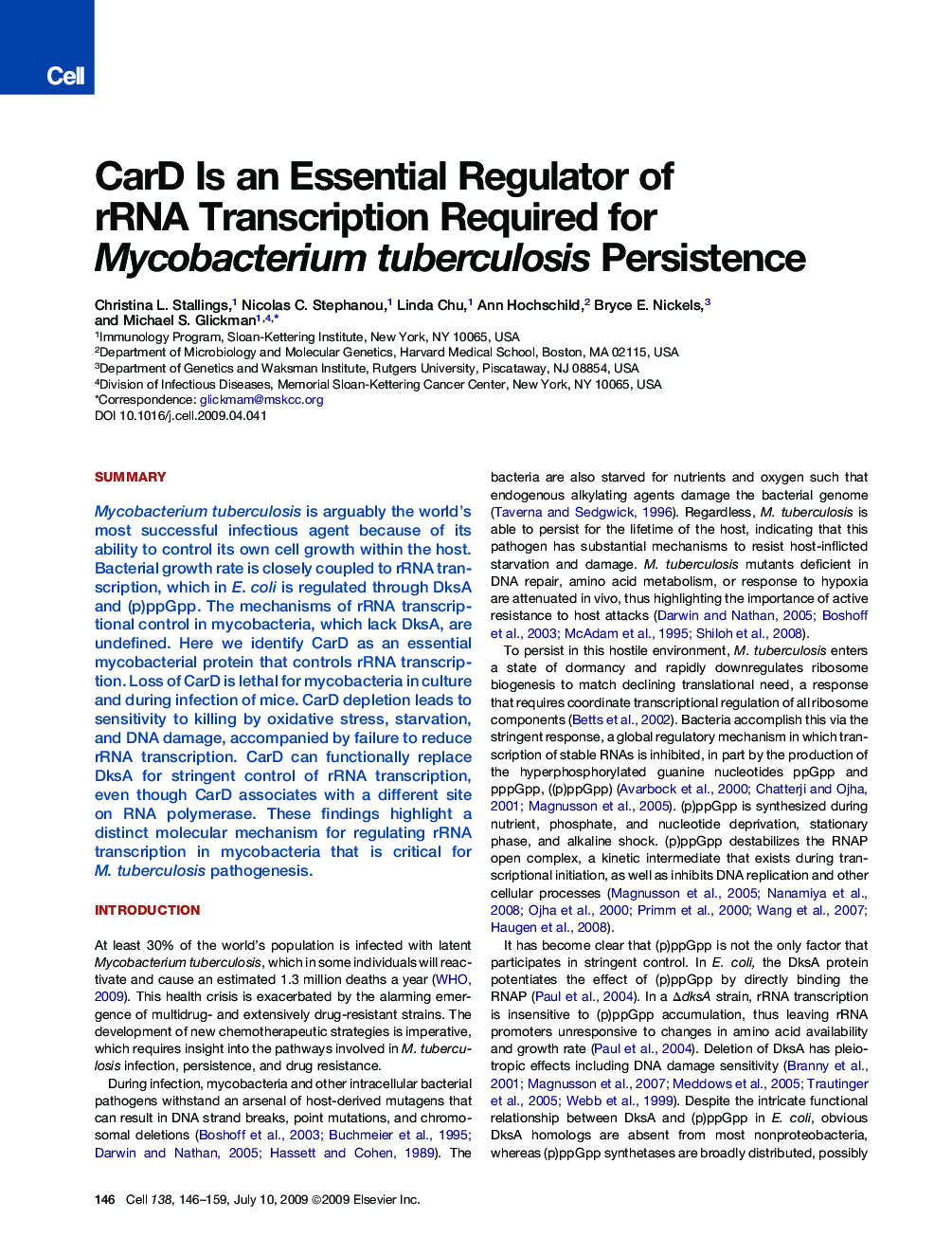 CarD Is an Essential Regulator of rRNA Transcription Required for Mycobacterium tuberculosis Persistence