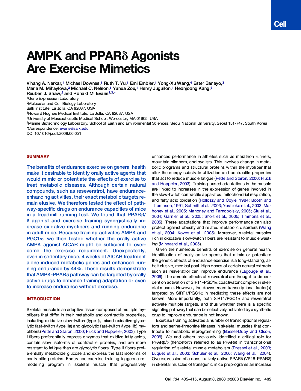 AMPK and PPARδ Agonists Are Exercise Mimetics