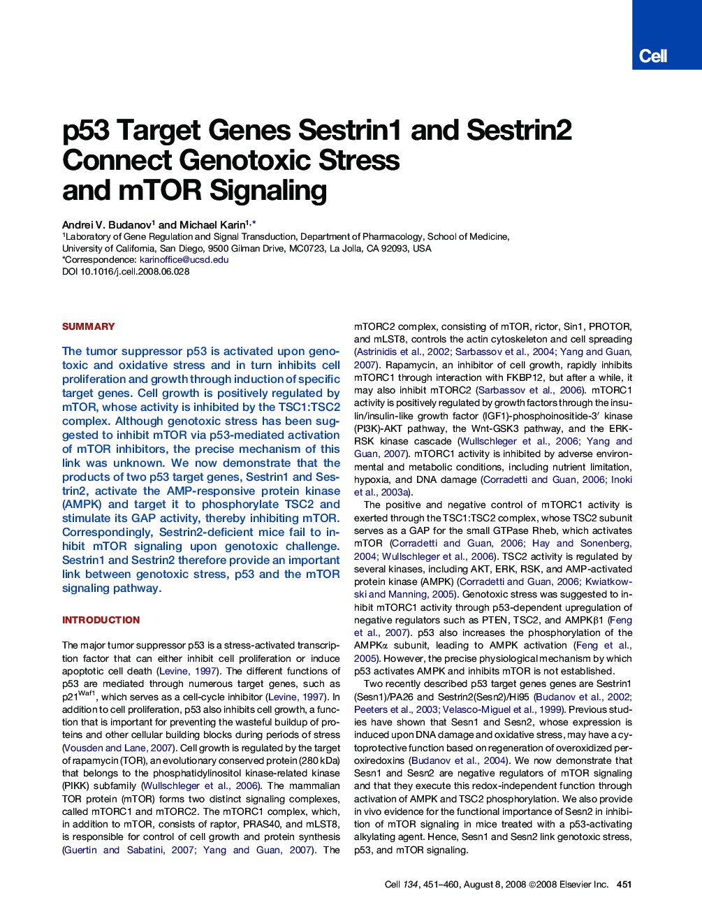 p53 Target Genes Sestrin1 and Sestrin2 Connect Genotoxic Stress and mTOR Signaling