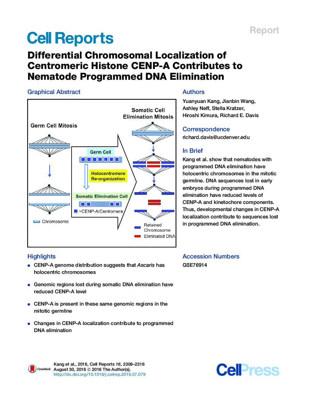 Differential Chromosomal Localization of Centromeric Histone CENP-A Contributes to Nematode Programmed DNA Elimination