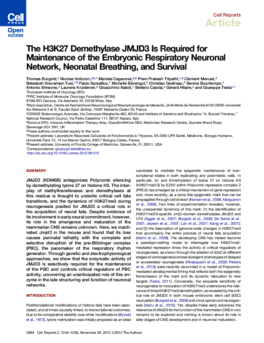 The H3K27 Demethylase JMJD3 Is Required for Maintenance of the Embryonic Respiratory Neuronal Network, Neonatal Breathing, and Survival