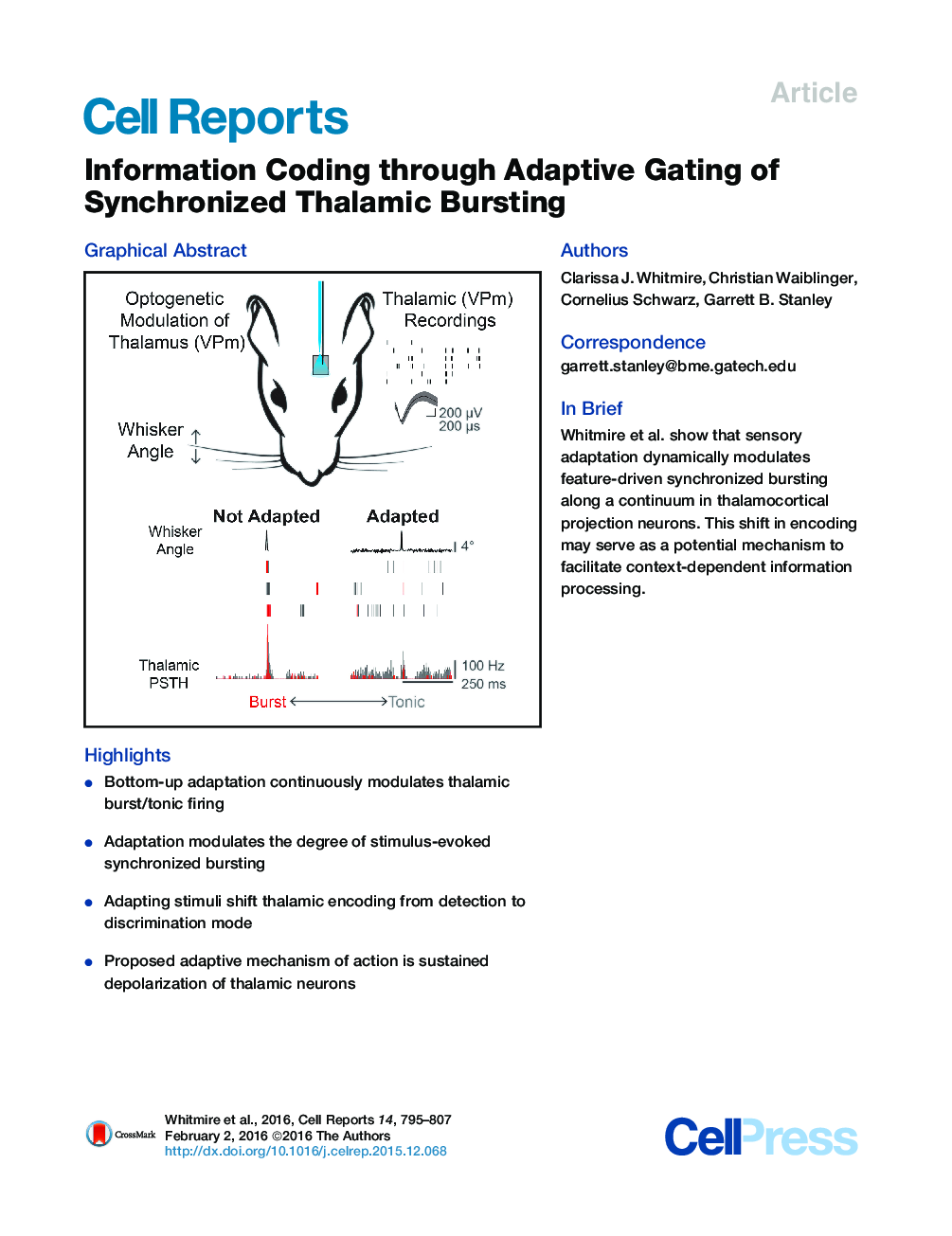 Information Coding through Adaptive Gating of Synchronized Thalamic Bursting 