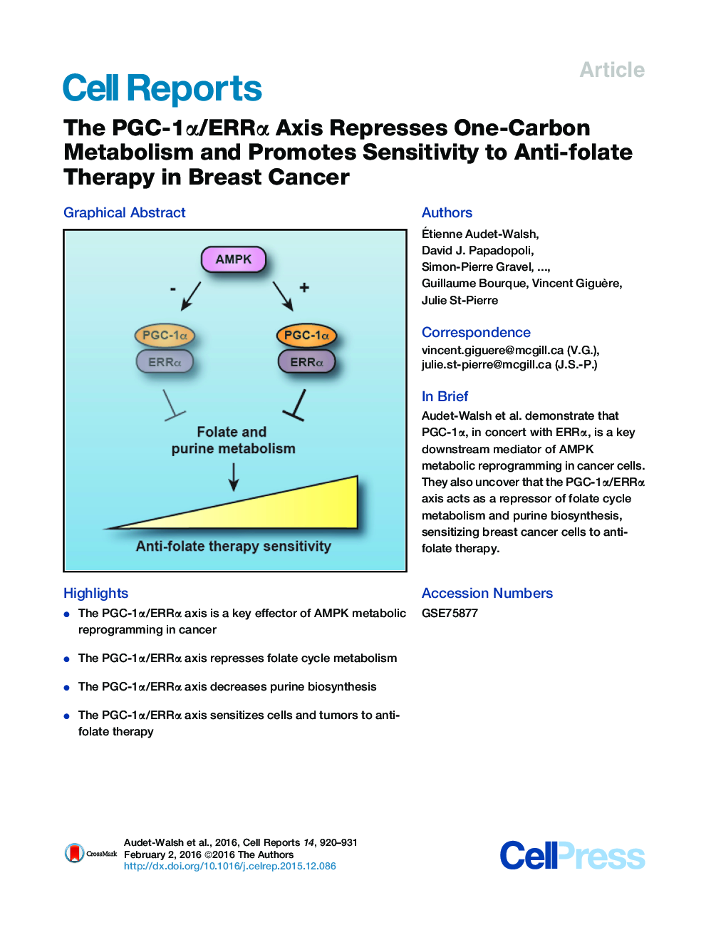 The PGC-1α/ERRα Axis Represses One-Carbon Metabolism and Promotes Sensitivity to Anti-folate Therapy in Breast Cancer 