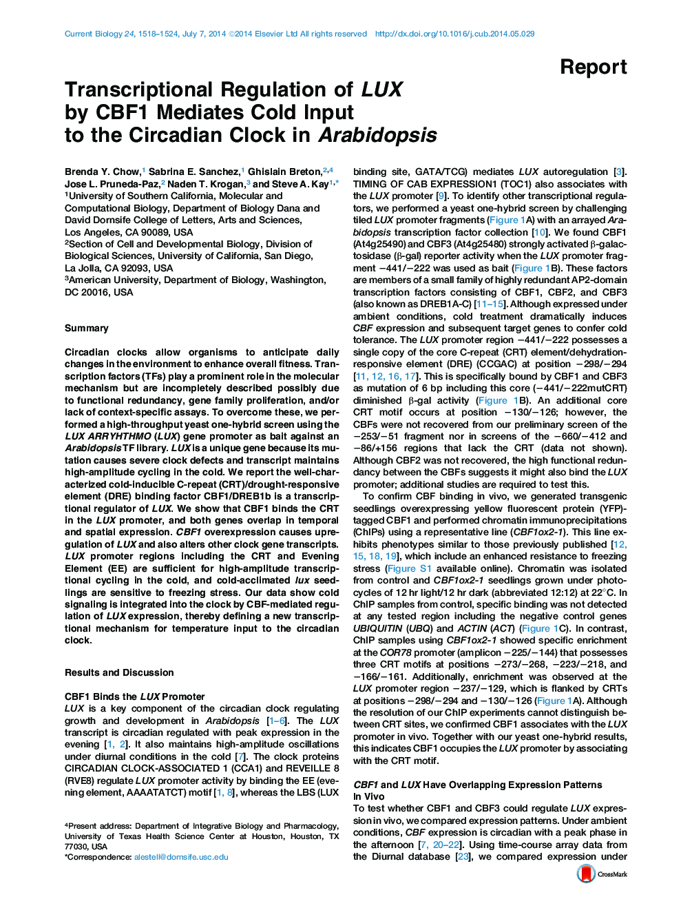 Transcriptional Regulation of LUX by CBF1 Mediates Cold Input to the Circadian Clock in Arabidopsis