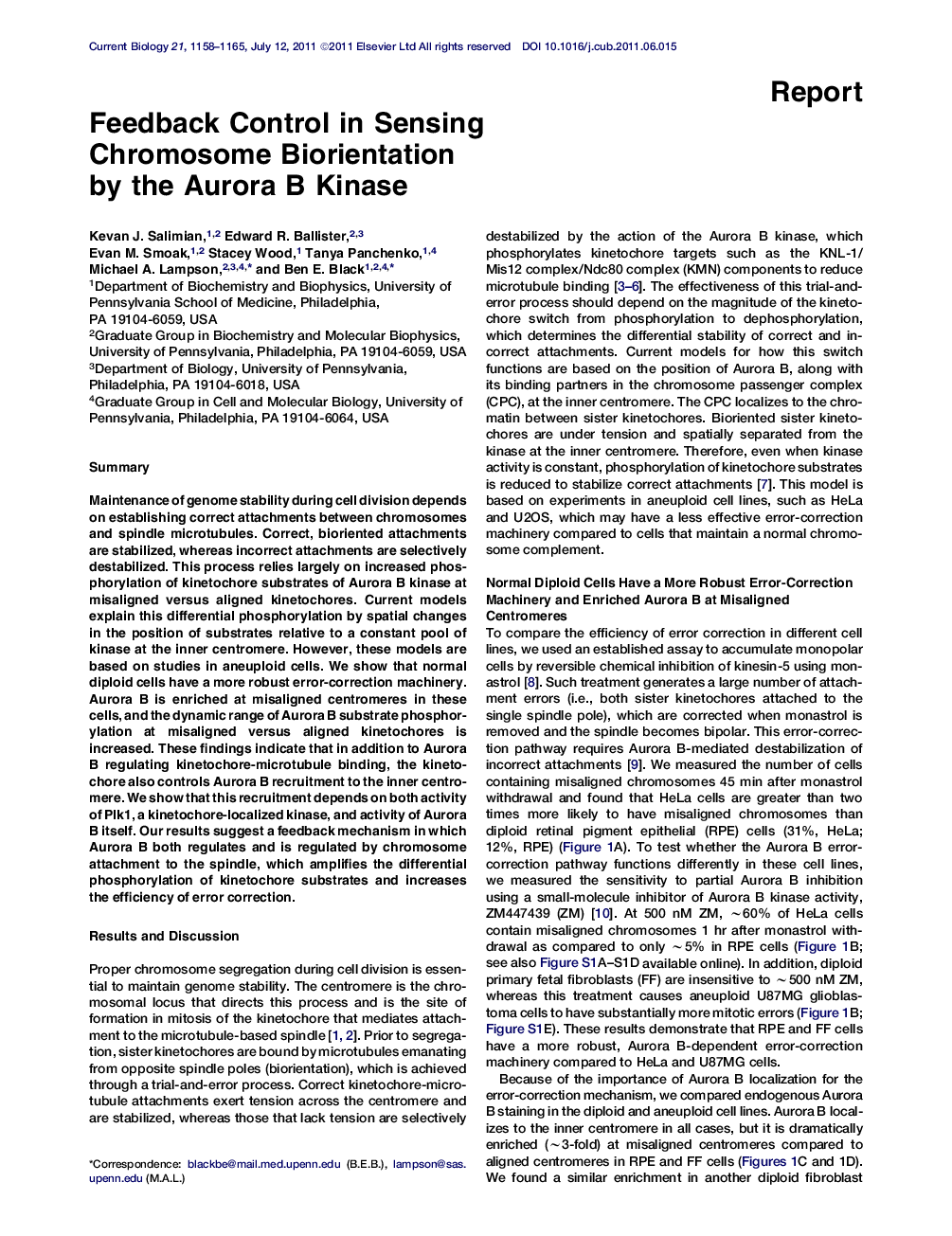 Feedback Control in Sensing Chromosome Biorientation by the Aurora B Kinase