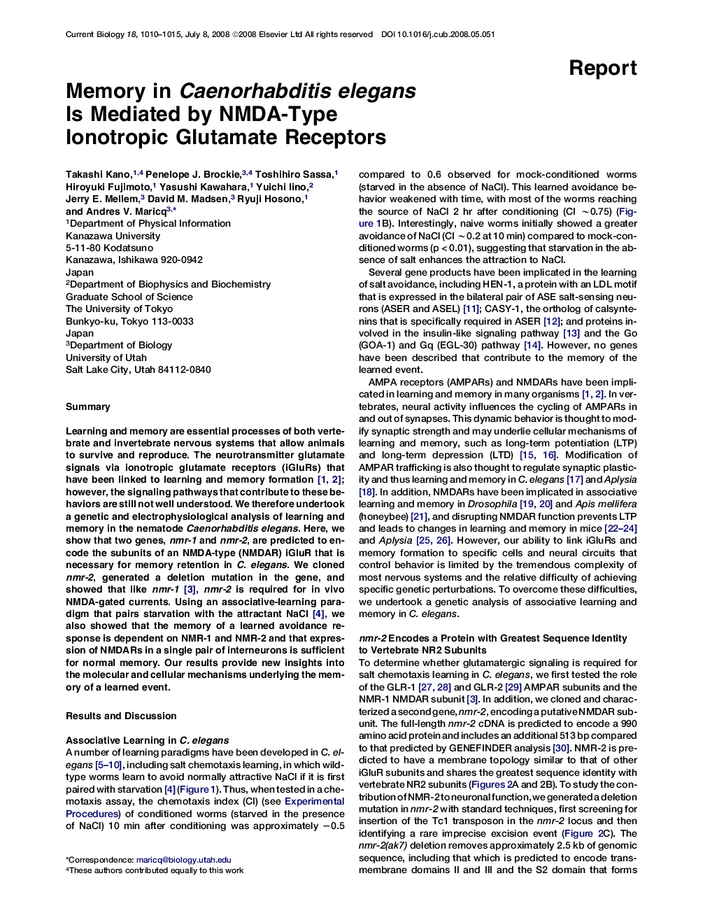 Memory in Caenorhabditis elegans Is Mediated by NMDA-Type Ionotropic Glutamate Receptors