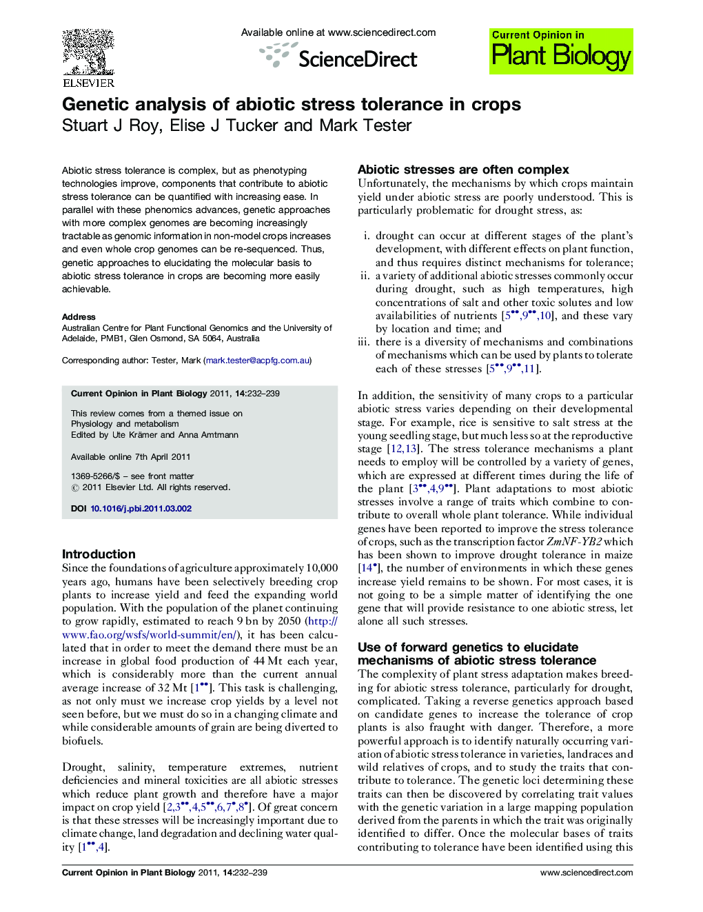 Genetic analysis of abiotic stress tolerance in crops