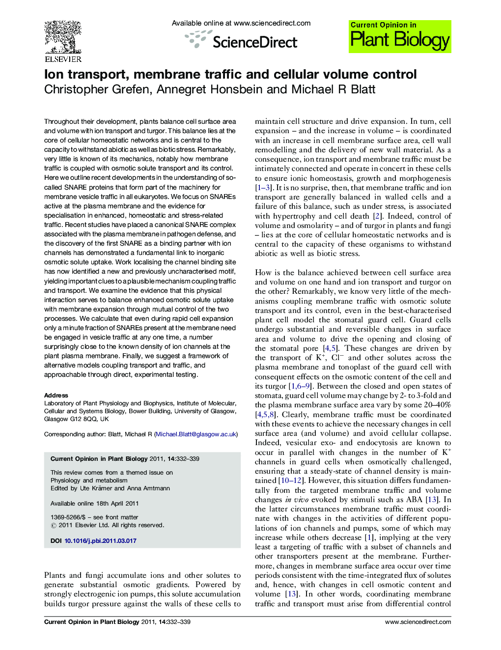 Ion transport, membrane traffic and cellular volume control