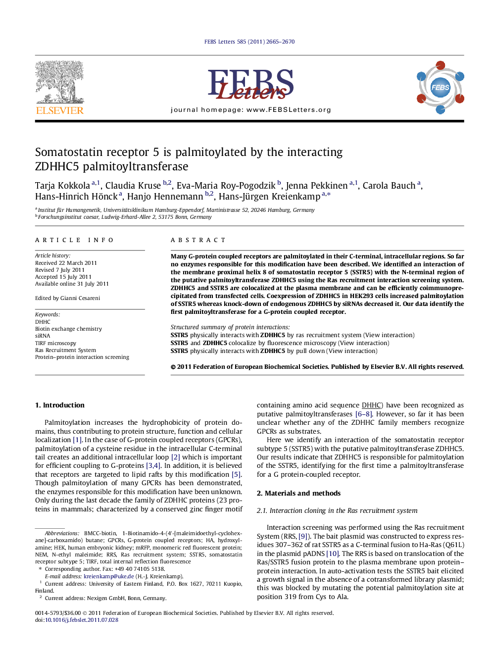 Somatostatin receptor 5 is palmitoylated by the interacting ZDHHC5 palmitoyltransferase